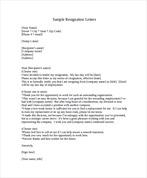 sample resignation letter to employer